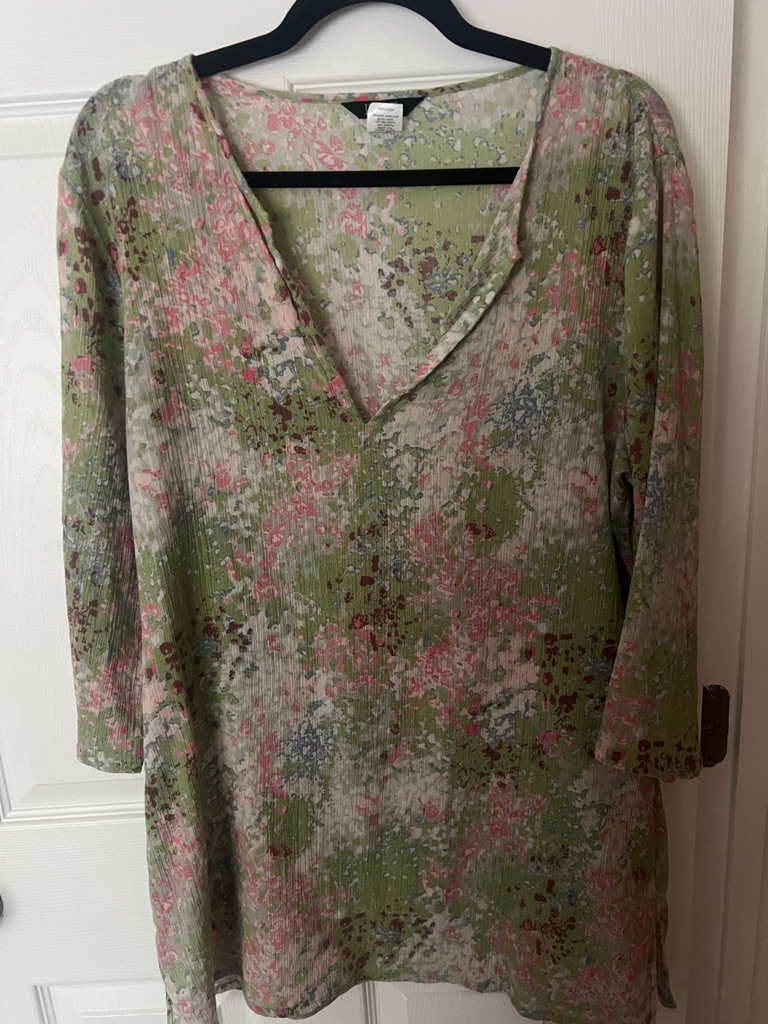 J Crew Floral Crinkle Blouse Size Large Green Pink Sheer 3/4 Sleeve Top